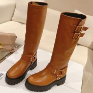 Celine Bulky High Biker Boots Women Calfskin with Harness Brown