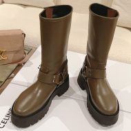 Celine Bulky Mid Biker Boots Women Calfskin with Harness Khaki