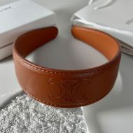 Celine Cuir Triomphe Headband in Calfskin with Celine Paris Engraved Brown