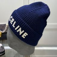 Celine Knitted Hat in Wool with Celine Patch Navy Blue