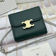 Celine Small Trifold Wallet Triomphe with Chain in Shiny Calfskin Military Green