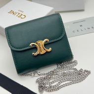 Celine Small Trifold Wallet Triomphe with Chain in Shiny Calfskin Teal