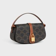 Celine Tabou Clutch On Strap in Triomphe Canvas and Calfskin Brown