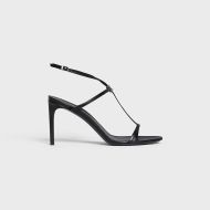 Celine T-bar Crystal Triomphe Sandals Women Calfskin with Ankle Strap Black