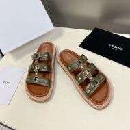 Celine Tippi Platform Slides Women Calfskin with Triomphe Signature Green