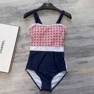 Celine Triomphe Crystal Swimsuit Women Houndstooth Motif Cotton Red/Black