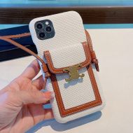 Celine Triomphe iPhone Case in Textile Calfskin with Card Holder and Strap White