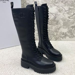 Celine Bulky High Lace-Up Boots Women Calfskin with Triomphe Black