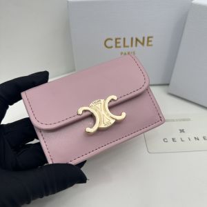 Celine Card Holder with Flap Triomphe in Shiny Calfskin Pink