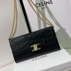 Celine Large Bifold Wallet Triomphe with Chain in Crocodile Embossed Leather Black