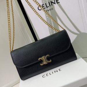 Celine Large Bifold Wallet Triomphe with Chain in Grained Calfskin Black