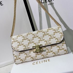 Celine Large Bifold Wallet Triomphe with Chain in Triomphe Canvas White/Yellow