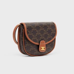Celine Mini Besace Bag in Triomphe Canvas and Calfskin Brown