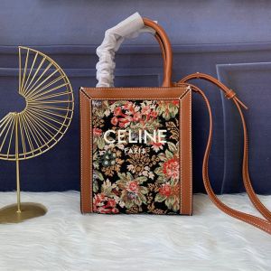 Celine Mini Vertical Cabas Bag in Floral Jacquard Black/Brown