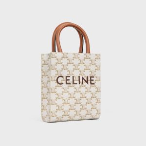 Celine Mini Vertical Cabas Bag in Triomphe Canvas with Celine Print White