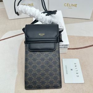 Celine Phone Pouch with Flap in Triomphe Canvas and Caflskin Black