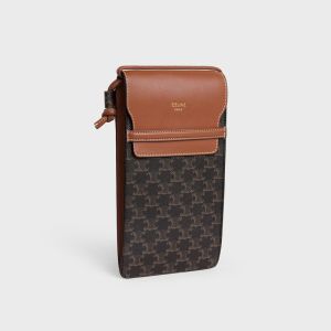 Celine Phone Pouch with Flap in Triomphe Canvas and Caflskin Brown