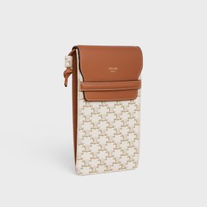 Celine Phone Pouch with Flap in Triomphe Canvas and Caflskin White