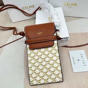 Celine Phone Pouch with Flap in Triomphe Canvas and Caflskin White/Yellow