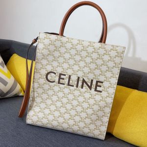 Celine Small Vertical Cabas Bag in Triomphe Canvas with Celine Print White
