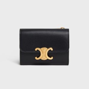 Celine Small Compact Wallet with Coin Triomphe in Shiny Calfskin Black