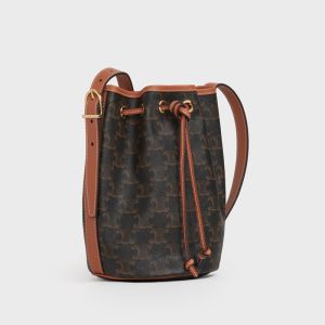 Celine Small Drawstring Bucket Bag in Triomphe Canvas and Calfskin Brown
