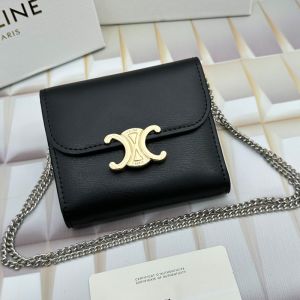 Celine Small Trifold Wallet Triomphe with Chain in Shiny Calfskin Black
