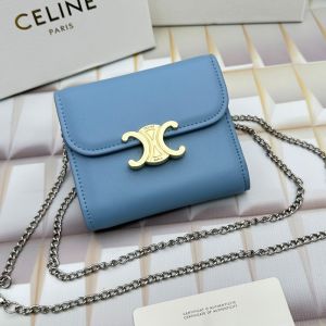 Celine Small Trifold Wallet Triomphe with Chain in Shiny Calfskin Blue