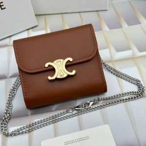Celine Small Trifold Wallet Triomphe with Chain in Shiny Calfskin Brown