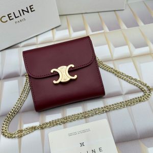 Celine Small Trifold Wallet Triomphe with Chain in Shiny Calfskin Burgundy