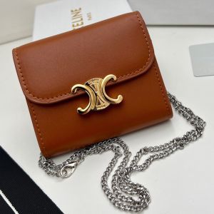 Celine Small Trifold Wallet Triomphe with Chain in Shiny Calfskin Caramel