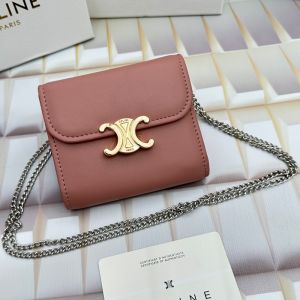 Celine Small Trifold Wallet Triomphe with Chain in Shiny Calfskin Cherry
