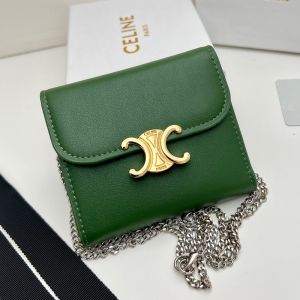 Celine Small Trifold Wallet Triomphe with Chain in Shiny Calfskin Green