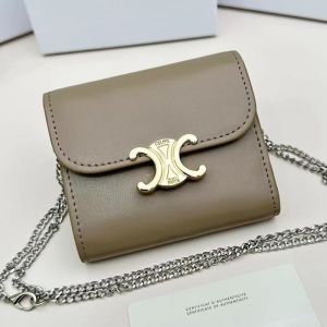 Celine Small Trifold Wallet Triomphe with Chain in Shiny Calfskin Khaki