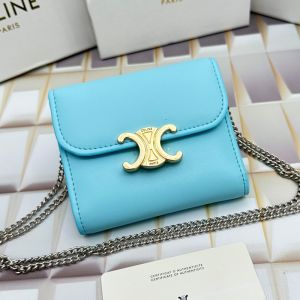Celine Small Trifold Wallet Triomphe with Chain in Shiny Calfskin Sky Blue