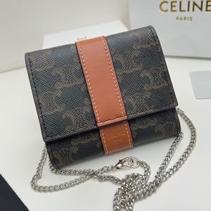Celine Small Trifold Wallet with Chain in Triomphe Canvas and Calfskin Brown