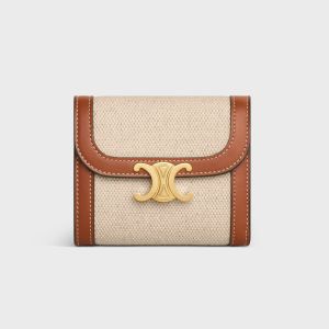Celine Small Trifold Wallet Triomphe in Textile and Calfskin White