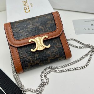 Celine Small Trifold Wallet Triomphe with Chain in Triomphe Canvas and Calfskin Brown
