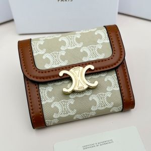 Celine Small Trifold Wallet Triomphe in Triomphe Canvas and Calfskin Beige