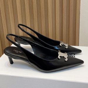 Celine Alma Triomphe Slingback Pumps Women Shiny Calfskin Black