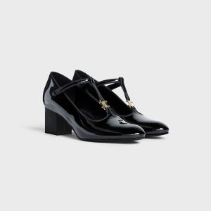 Celine Babies T-bar Pumps Women Patent Calfskin with Triomphe Signature Black