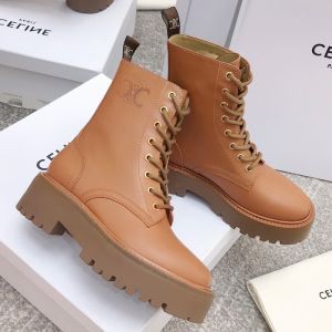 Celine Bulky Lace-Up Boots Women Shiny Bullskin with Triomphe Brown