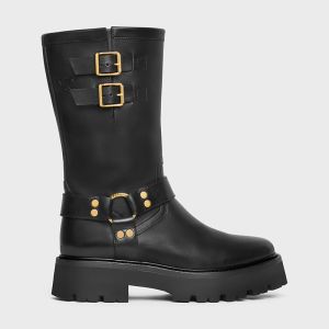 Celine Bulky Mid Biker Boots Women Calfskin with Harness Black/Gold