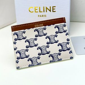 Celine Card Holder in Triomphe Canvas and Calfskin White/Navy Blue