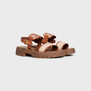 Celine Clea Triomphe Platform Sandals Women Calfskin and Canvas Brown/White