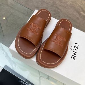 Celine Clea Triomphe Platform Slides Women Vegetable Tanned Calfskin Coffee