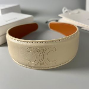 Celine Cuir Triomphe Headband in Calfskin with Celine Paris Engraved Beige