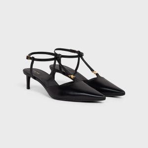 Celine Kitten Slingback Pumps Women Calfskin with Triomphe T-bar Strap Black