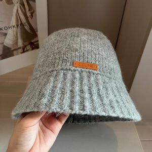 Celine Knitted Bucket Hat in Wool with Celine Patch Grey