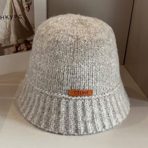 Celine Knitted Bucket Hat in Wool with Celine Patch Taupe